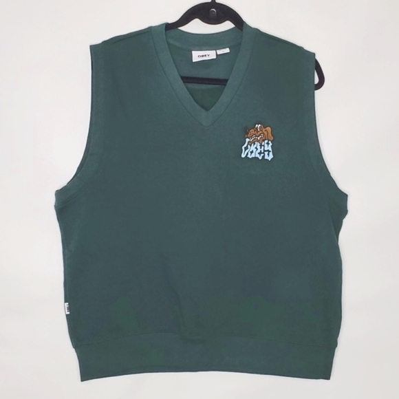 Obey Pine Green Vest Size M Slide Fleece Embroidered Dog Sleeveless Top Preppy - Picture 2 of 11